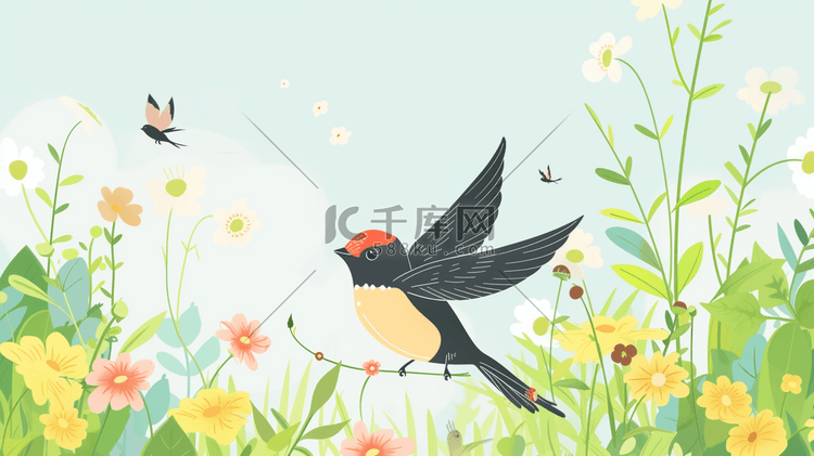 彩色艺术绘画春天树枝上燕子的插画1