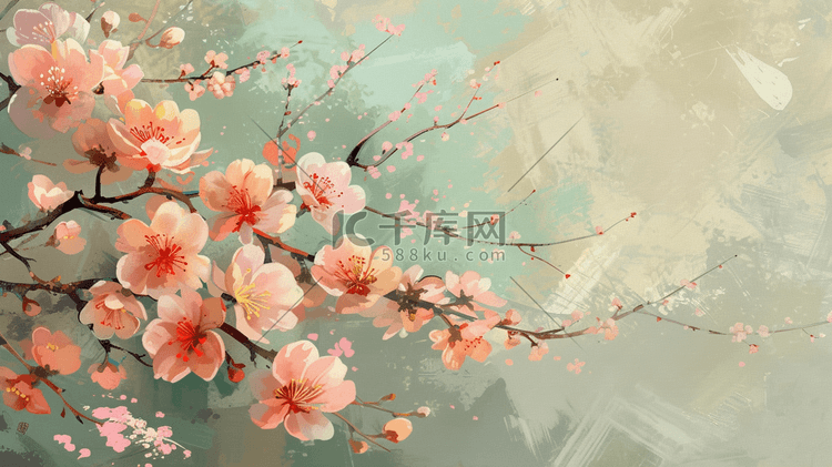 春天绘画唯美景色树枝花朵插画17