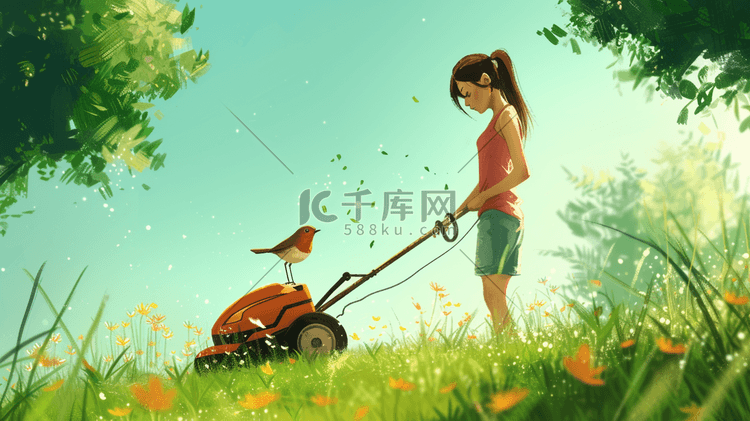 绿色草坪上女子割草机割草的插画3