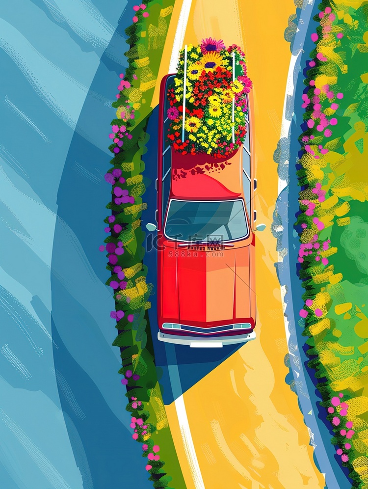 海岸线行驶的汽车装着鲜花原创插画