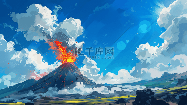 彩色手绘蓝天下火山爆发的插画5