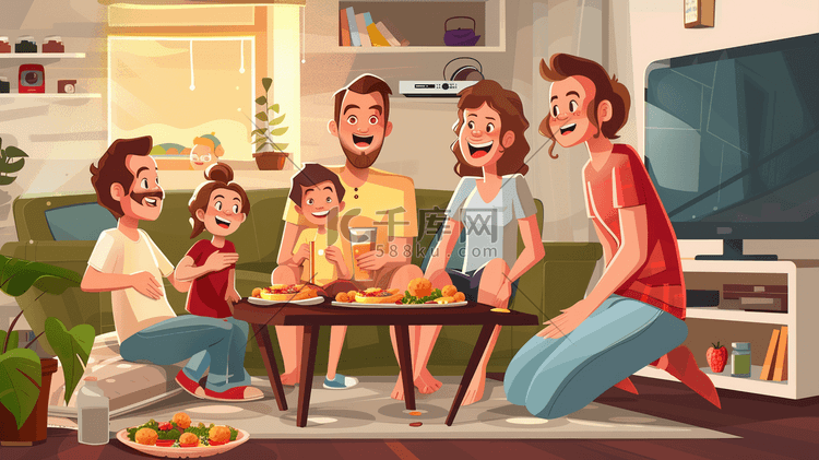 彩色绘画卡通室内一家人开心聊天的插画1