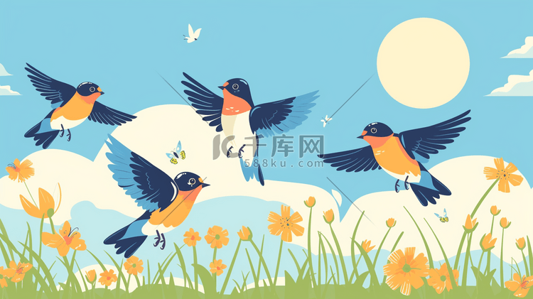 彩色艺术绘画春天树枝上燕子的插画9