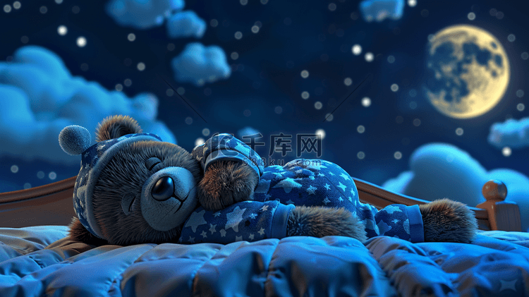 深夜夜晚星空可爱卡通熊的插画2