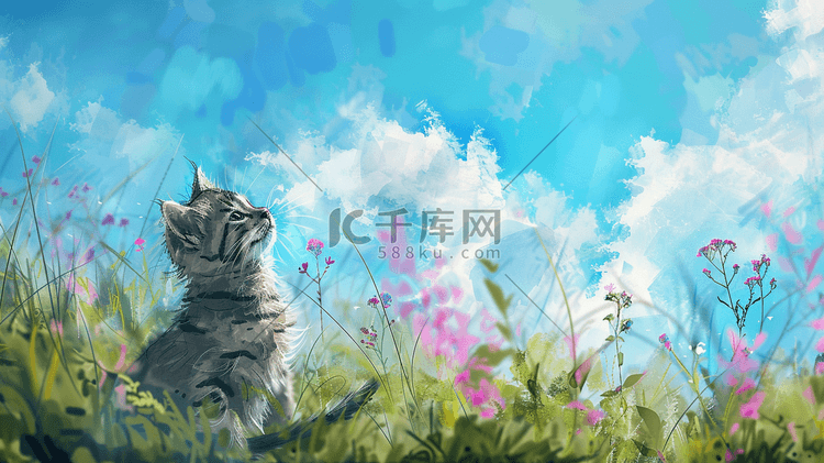 花丛中玩耍嬉戏的小猫插画1