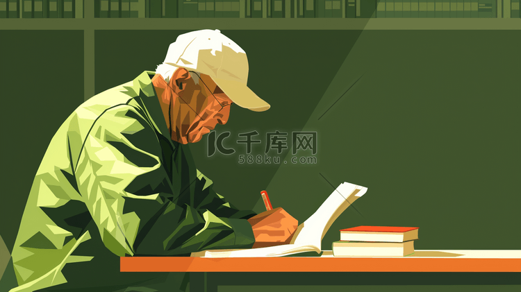 绿色场景手绘外国工人工作看书的插画5
