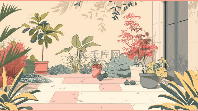 彩色手绘庭院里花草树木茶台的插画12