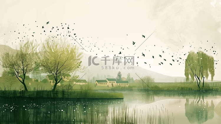 拂堤杨柳春景插画0