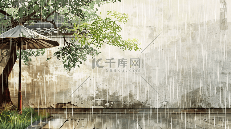 雨季下雨中式景区围墙外花草的插画5