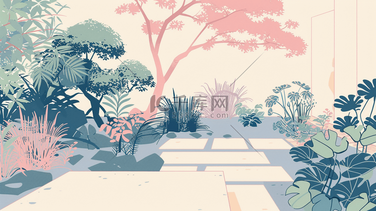 彩色手绘庭院里花草树木茶台的插画14