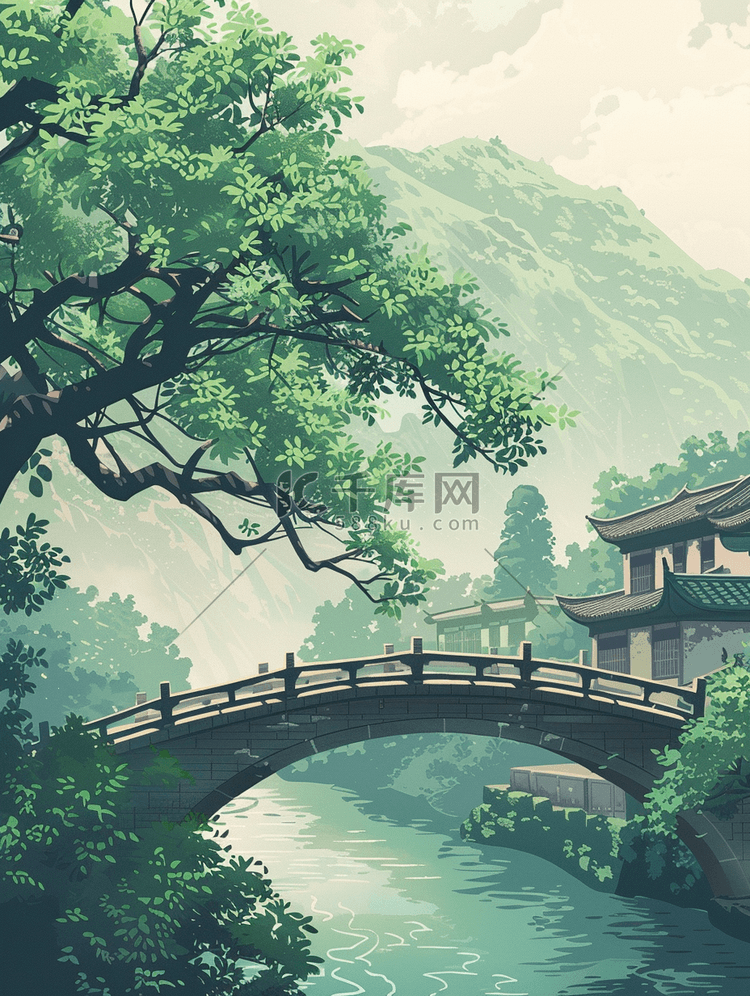 小桥流水春景图插画5