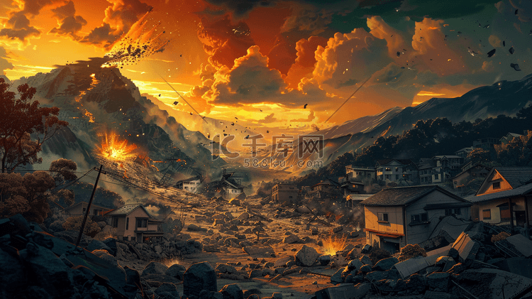 深色手绘火山爆发房屋建筑废墟的插画38