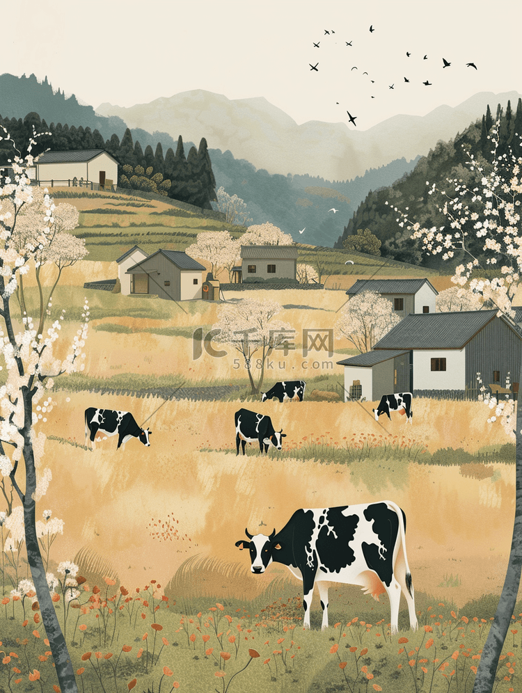 牛儿在田野上吃草插画2