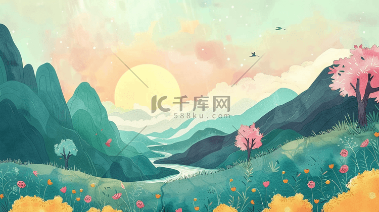 春季风景儿童画插画8