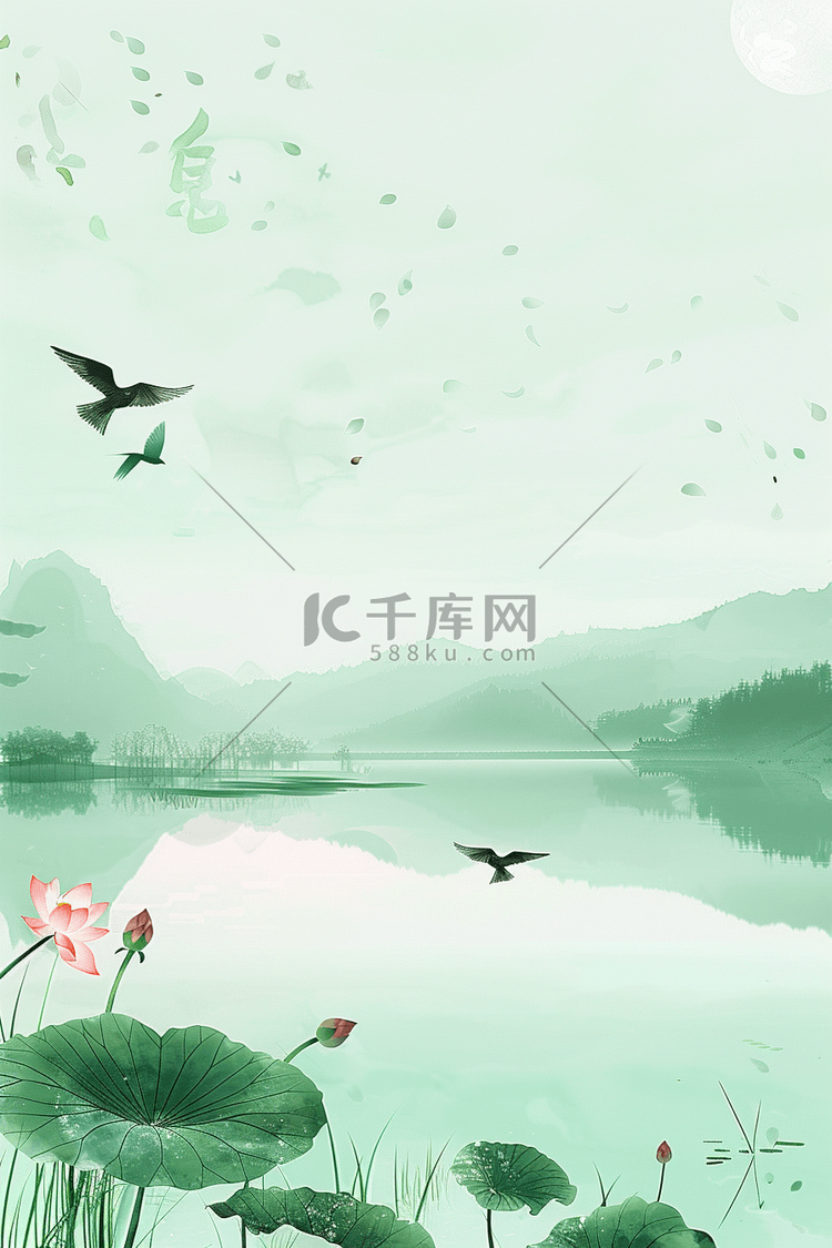 清明节低垂海报柳树燕子湖泊手绘插画图片