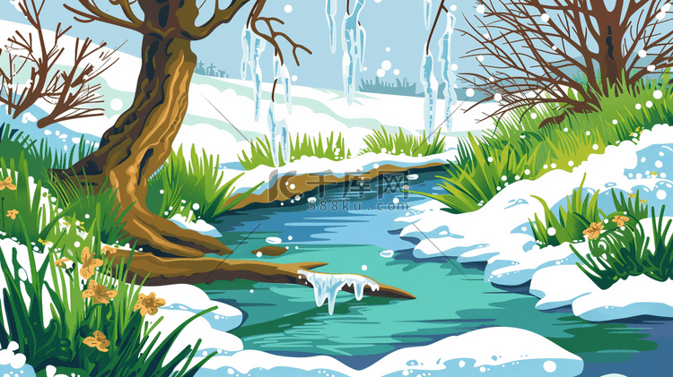 彩色绘画艺术户外景区树木河流的插画12