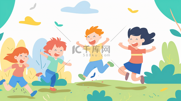 彩色绘画卡通儿童们开心玩耍的插画7