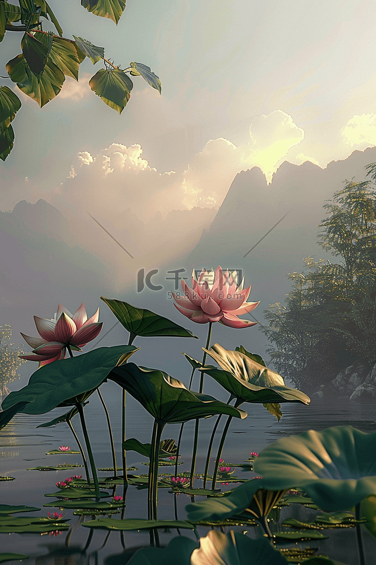 荷花荷叶风景手绘插画海报