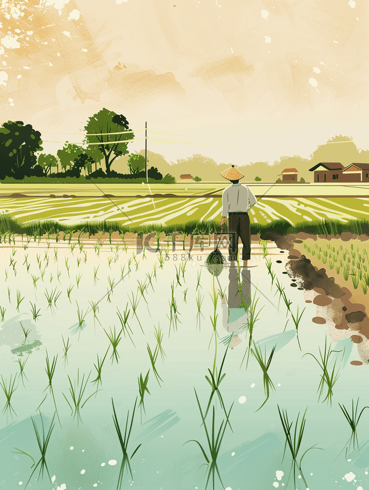 手绘彩色稻田农民种田的插画7