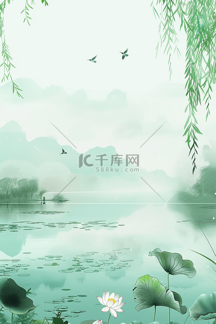 清明节手绘海报低垂柳树燕子湖泊插画