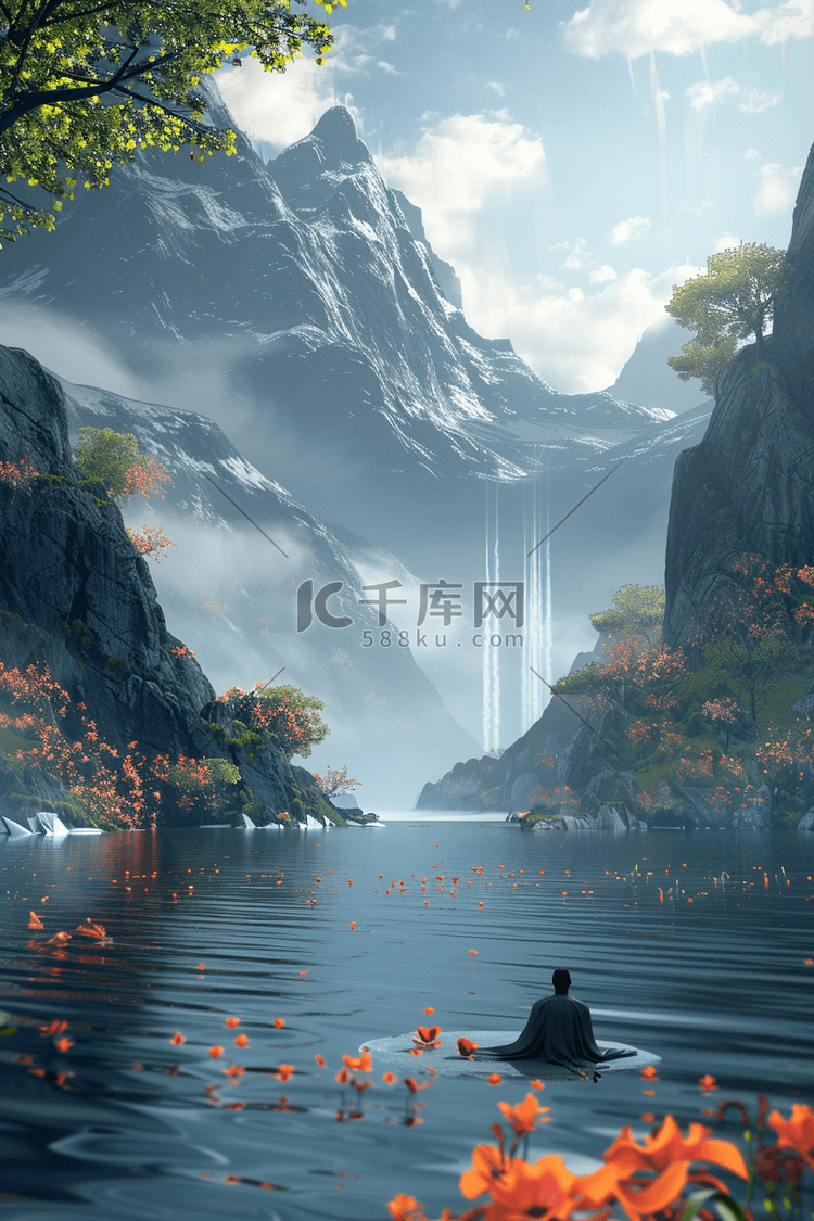山川湖泊风景手绘插画海报