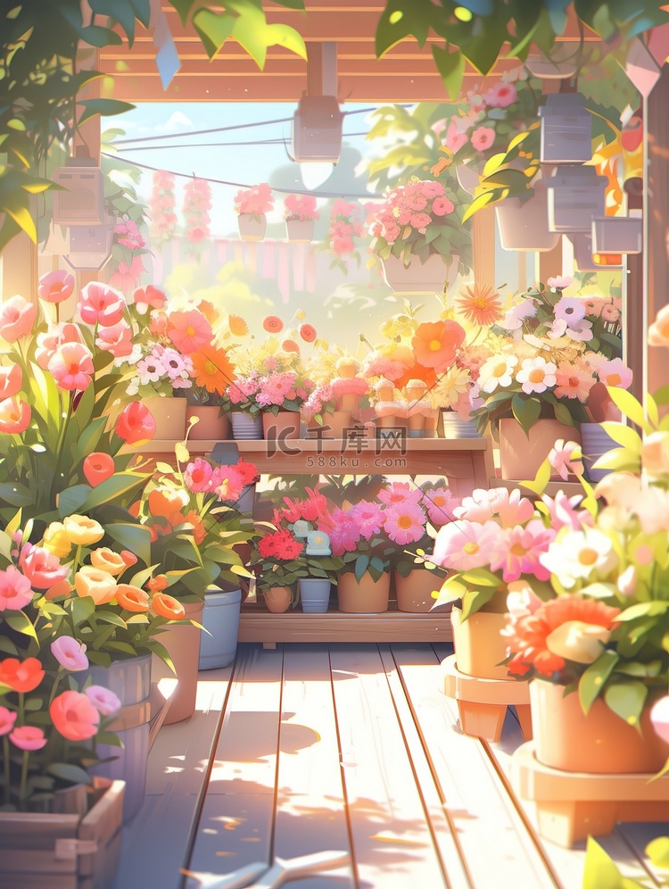 可爱的彩色花店鲜花插画素材