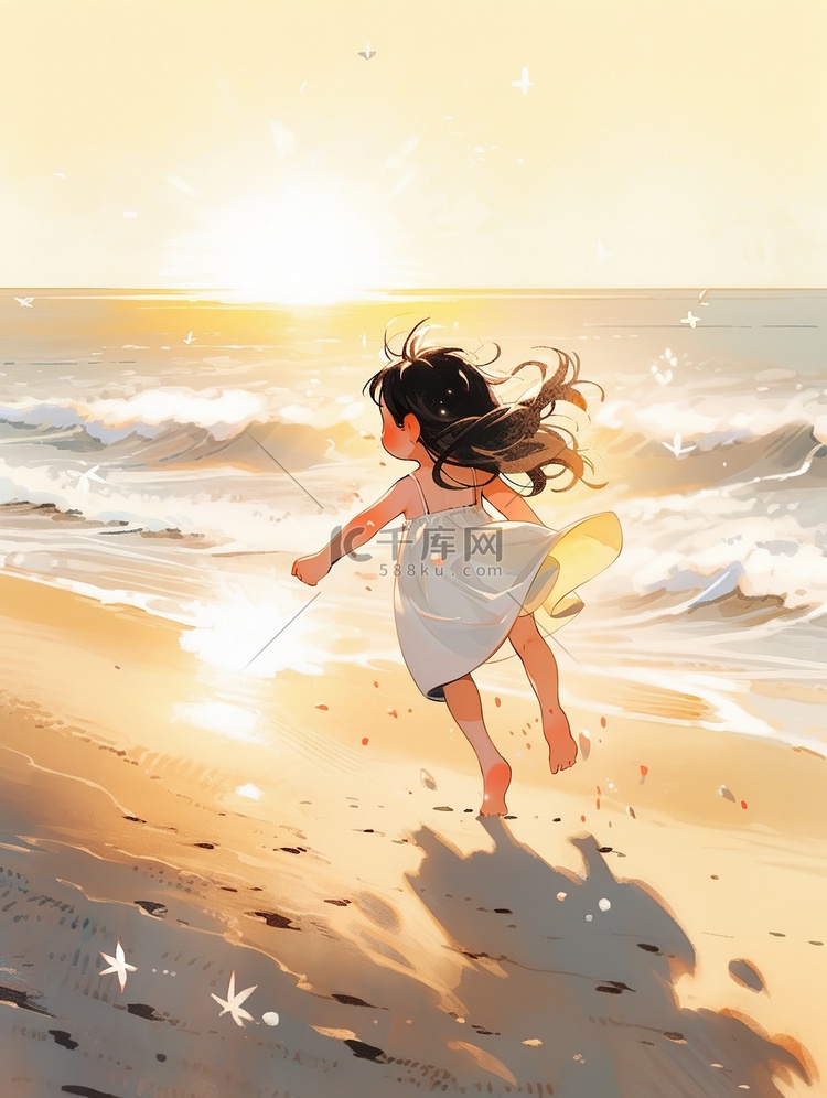 梦幻可爱的小女孩在海滩上奔跑插图
