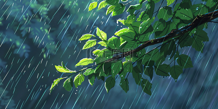 春天下雨雨季树叶插画图片