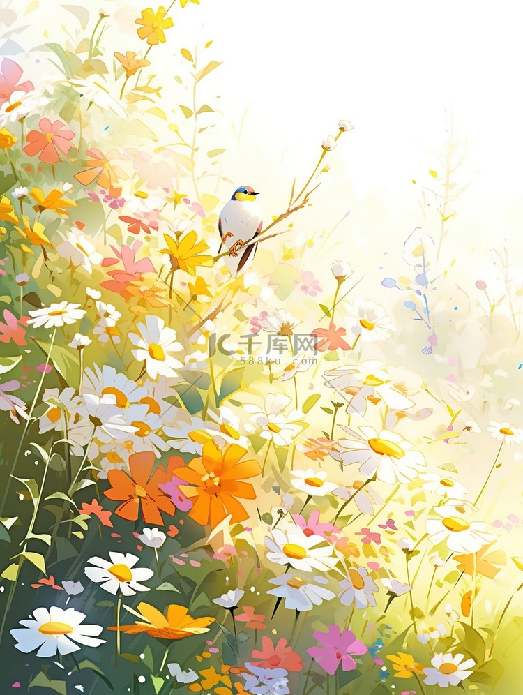 春天温暖的阳光水彩花朵原创插画