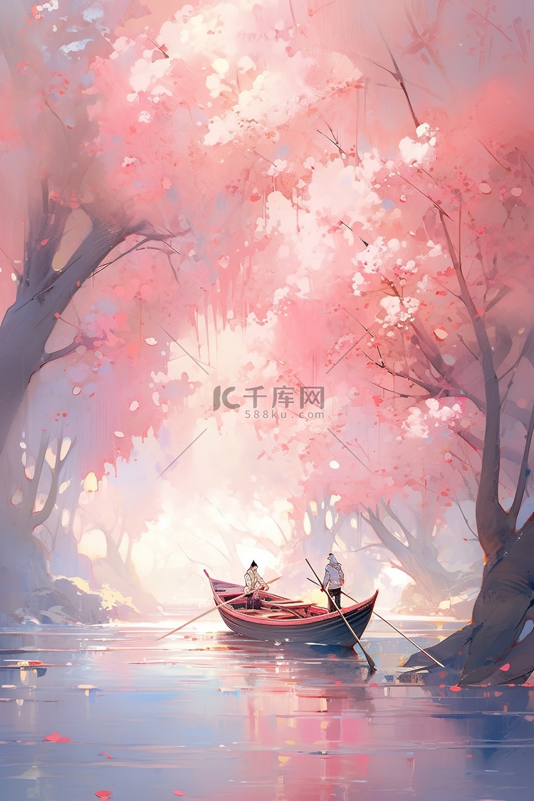 春天灿漫的樱花河边小船插画素材