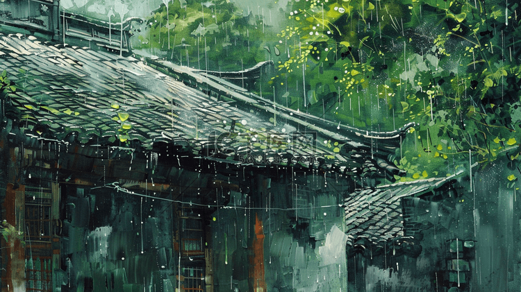 雨季下雨风景区古代房屋建筑的插画4