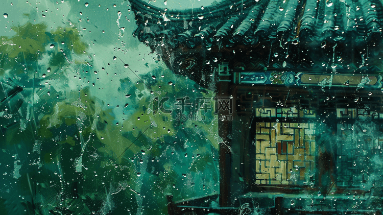 雨季下雨风景区古代房屋建筑的插画14