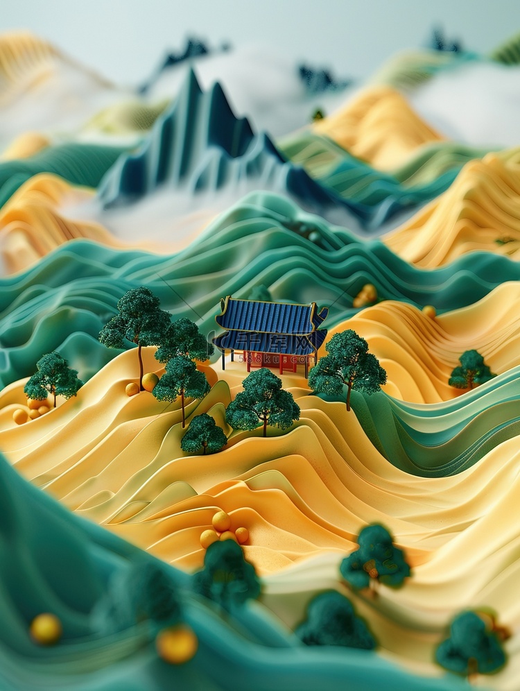 中式立体浮雕山和丘陵绿色黄色中国风插画