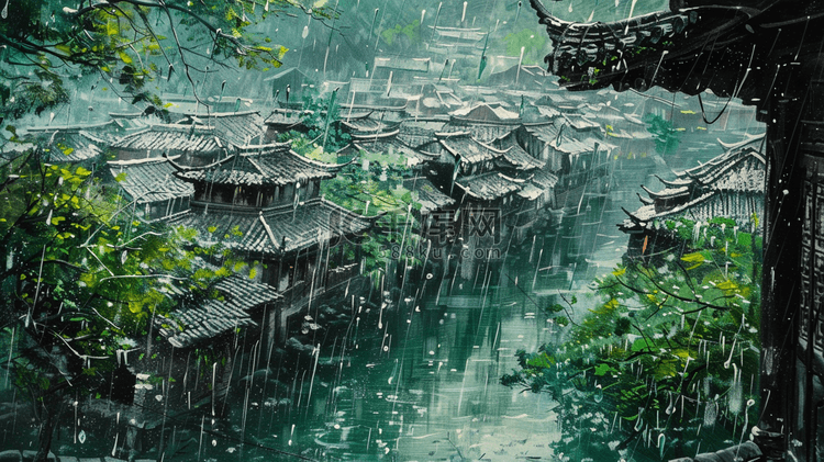 雨季下雨风景区古代房屋建筑的插画7