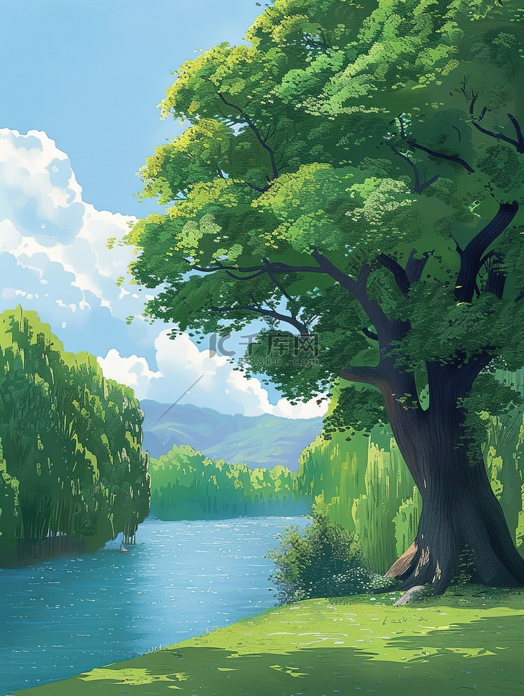 公园湖边大树绿树成荫插画设计