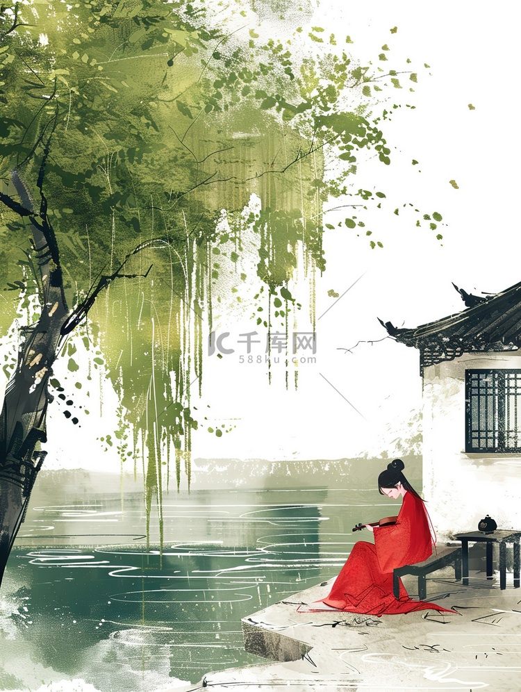 绿色的柳树年轻女子坐在河边插画图片