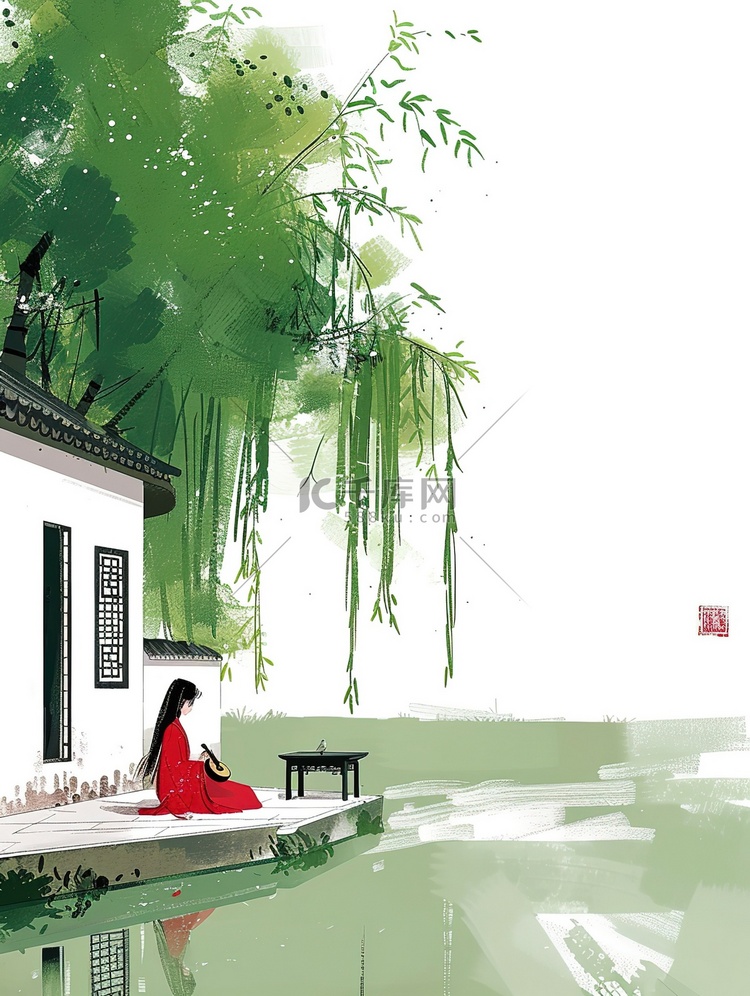 绿色的柳树年轻女子坐在河边插画