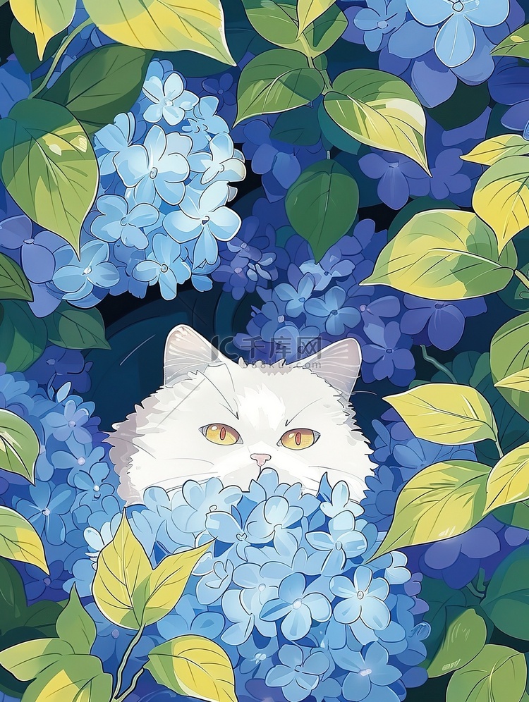藏在绣球花里的白猫原创插画