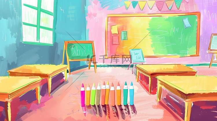 彩色明亮的儿童课室矢量插画