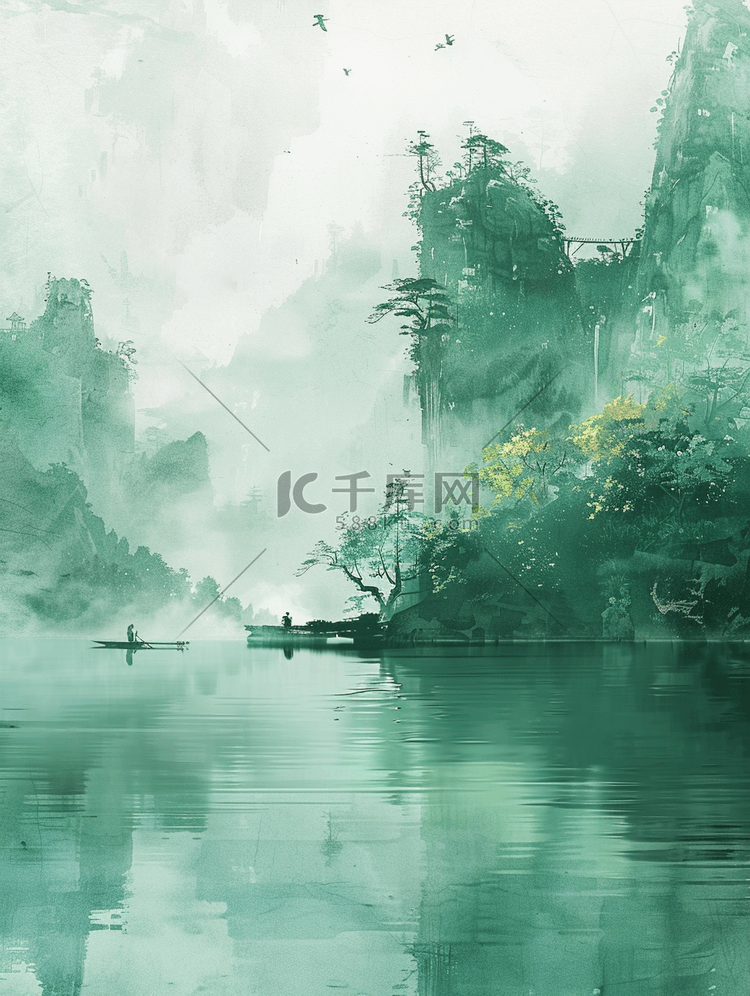 简约绿色国画绘画山水风景小船的插画3