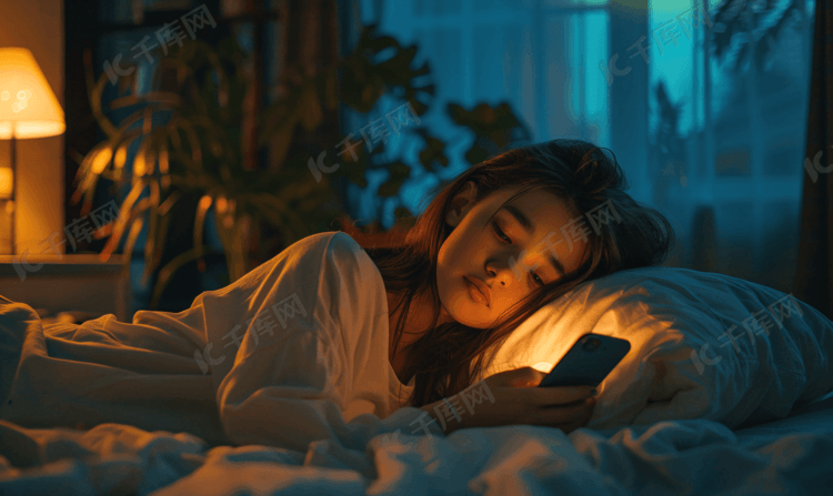 深夜睡前躺着玩手机的女生