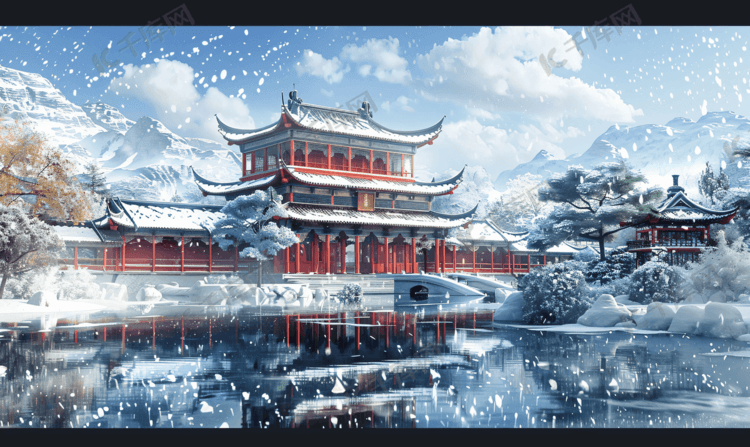 中式古典园林中的雪景