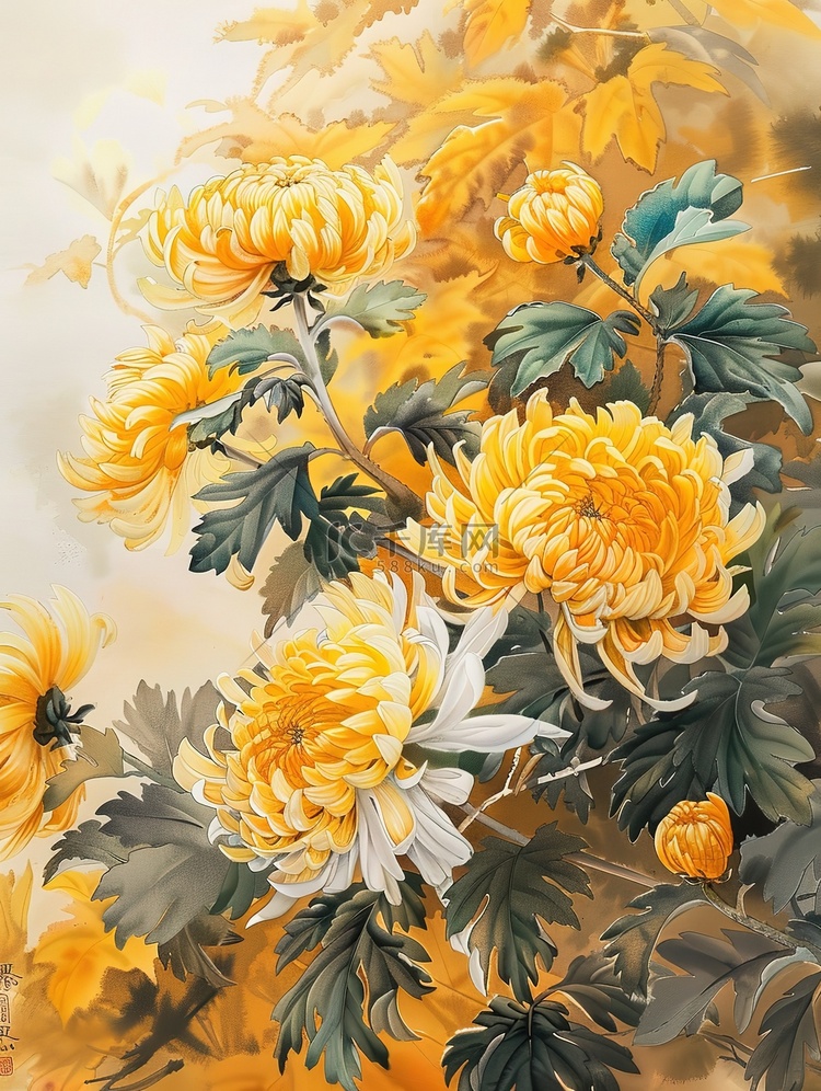 菊花花朵美丽水彩画插画素材