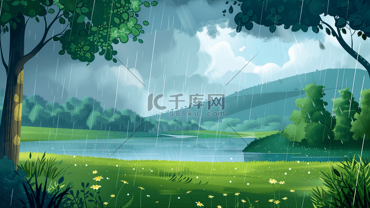 雨季下雨户外风景树木河流景色的插画2