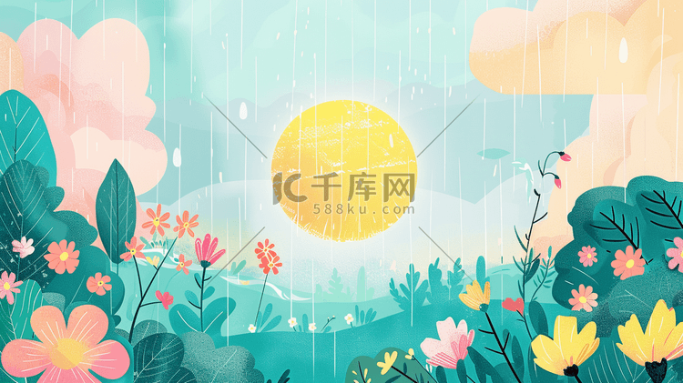 彩色手绘雨季户外风景区下雨的插画7谷雨
