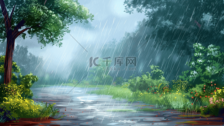 雨季下雨户外风景树木河流景色的插画24