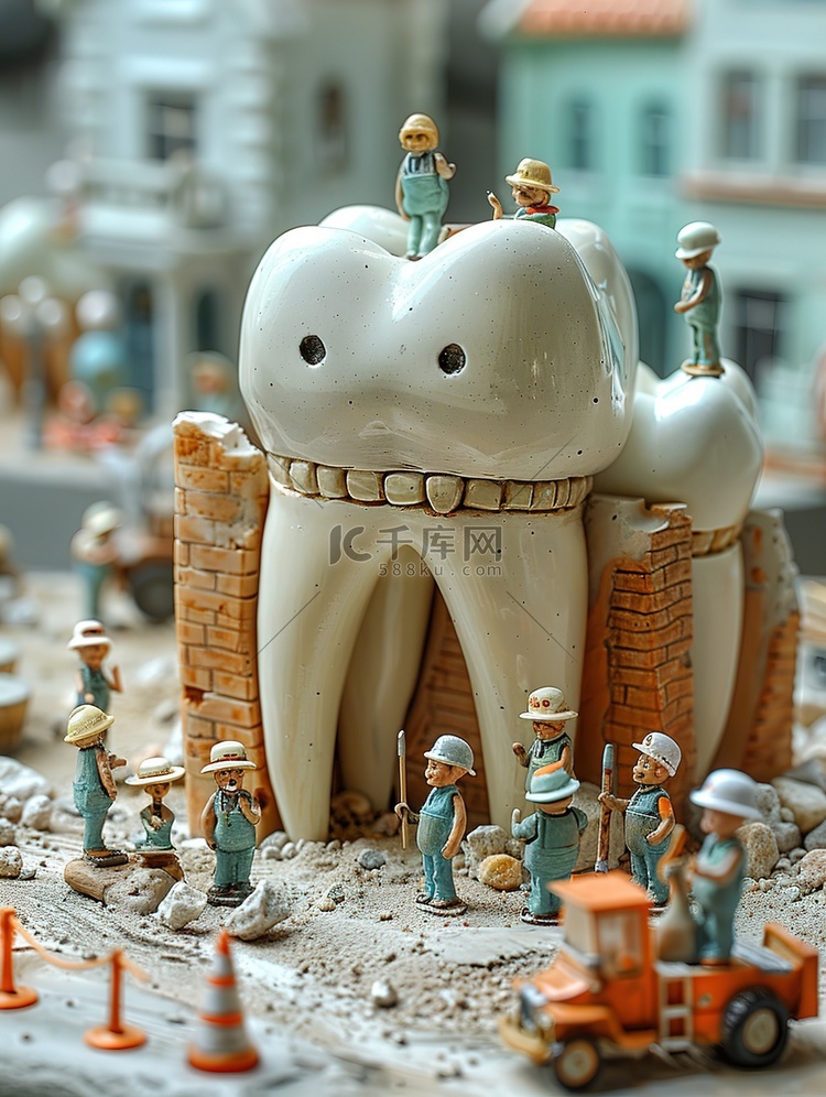 模型牙齿微小的建筑工人插画海报