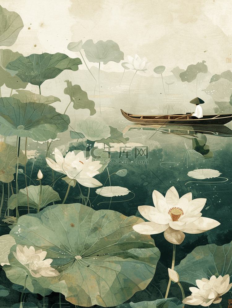 手绘绘画景色景区河面小船的插画4