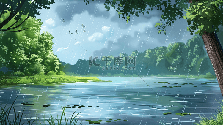 雨季下雨户外风景树木河流景色的插画30