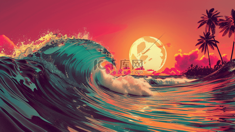 彩色手绘户外旅游景区海浪的插画3